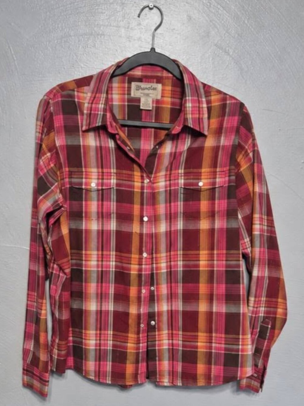 Wrangler Women’s XXL Plaid Western Shirt Pink Burgundy Metallic Gold Pearl Snaps